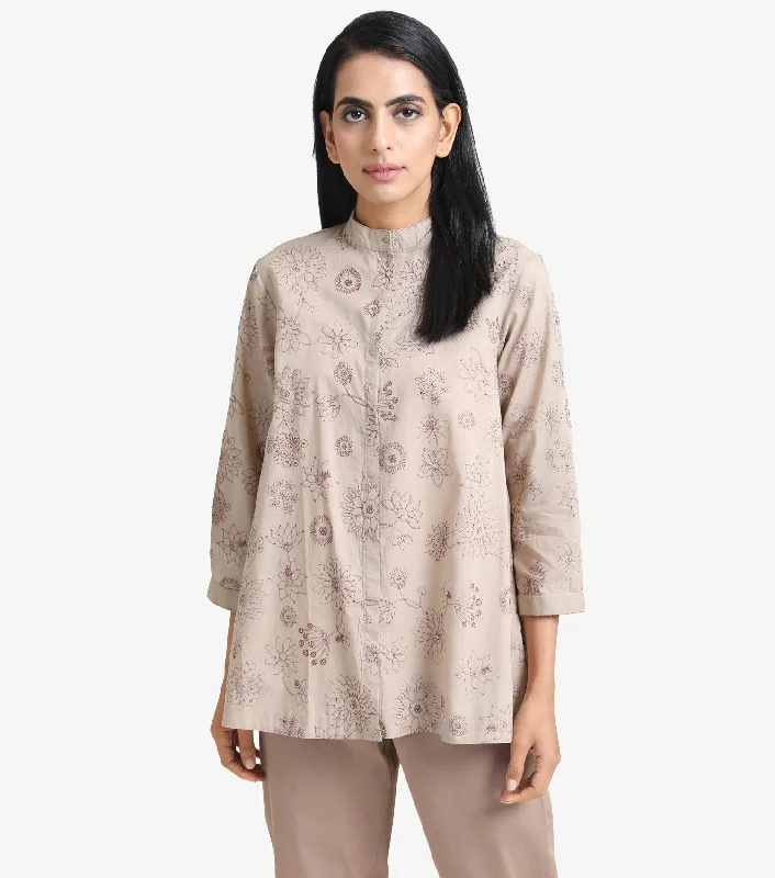Beige Embroidered Cotton Shirt-- Rayon Fabric Velvet Fabric Corduroy Fabric
