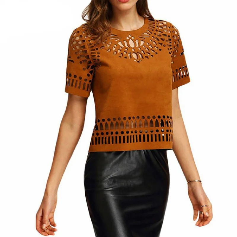 Women Hollow Out T shirt Boho Suede Back Zipper Cut Out Short Sleeve T-shirt Top Tee Shirts-- Asymmetrical Pockets Print Women Hollow Out T shirt Boho Suede Back Zipper Cut Out Short Sleeve T-shirt Top Tee Shirts-- Asymmetrical Pockets Print