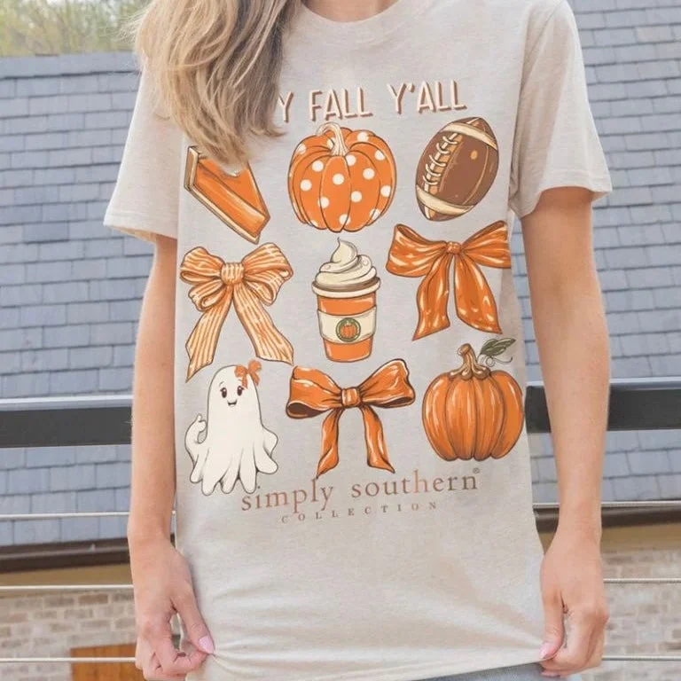 Simply Southern Happy Fall Yall Short Sleeve Shirt-- Rayon Fabric Velvet Fabric Corduroy Fabric Simply Southern Happy Fall Yall Short Sleeve Shirt-- Rayon Fabric Velvet Fabric Corduroy Fabric