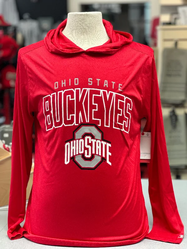 OHIO STATE BUCKEYES LONG SLEEVE HOODED PERFORMANCE SHIRT BY CHAMPION-- Knit Fabric Woven Fabric Fleece Fabric