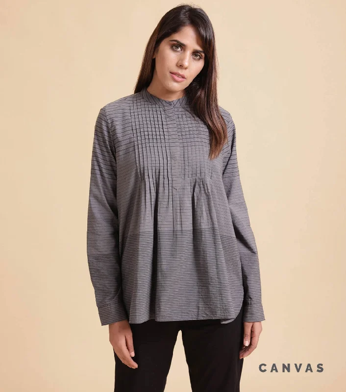 Grey pleated striped shirt-- Houndstooth Herringbone Solid