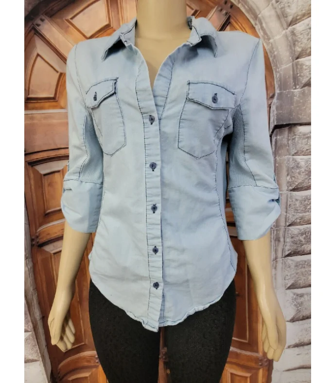 CAVALINI Blue Button Up 3/4 Sleeve Women Shirt Top PL-- Graphic Embroidered Appliqued CAVALINI Blue Button Up 3/4 Sleeve Women Shirt Top PL-- Graphic Embroidered Appliqued