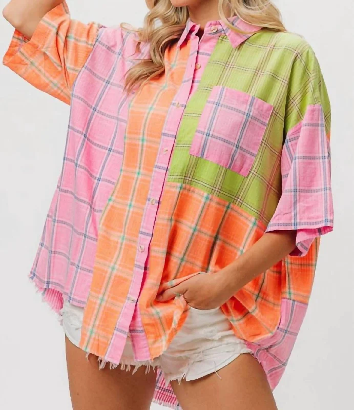 Bleach Washed Check Plaid Shirt In Pink/peach/lime-- Print Jacquard Patchwork