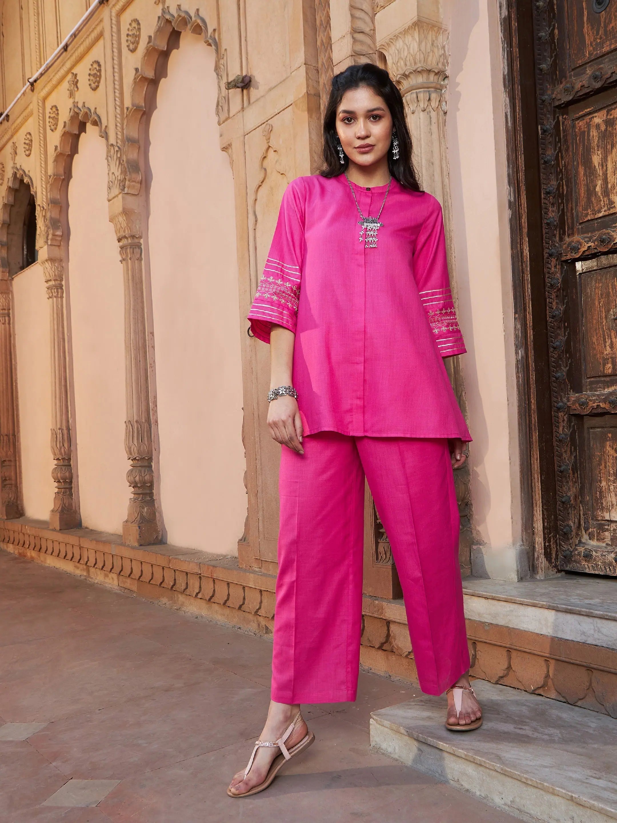 Women Fuchsia Embroidered Sleeve Shirt Kurti With Palazzos-- Ribbed T-Shirt High Neck Heavyweight Women Fuchsia Embroidered Sleeve Shirt Kurti With Palazzos-- Ribbed T-Shirt High Neck Heavyweight