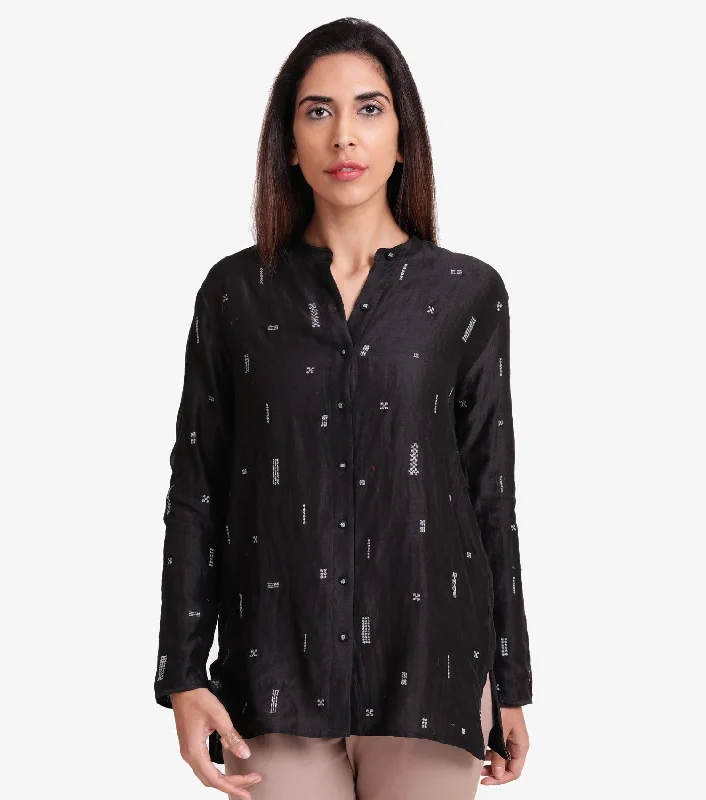 Black embroidered chanderi shirt-- Hooded Caped Shawl Collar