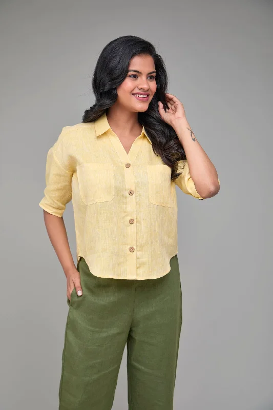 Hemp Yellow Off Shoulder Shirt-- V-Neck T-Shirt Long Sleeve Cotton
