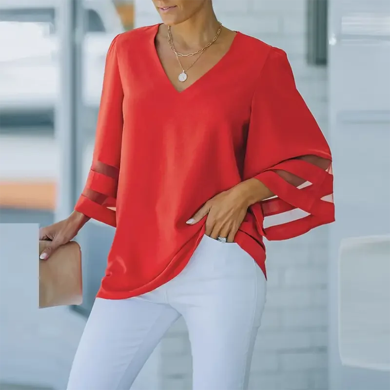 Solid Color Blouse Shirts Hollow Out Long Sleeve-- Ribbed Striped Patterned