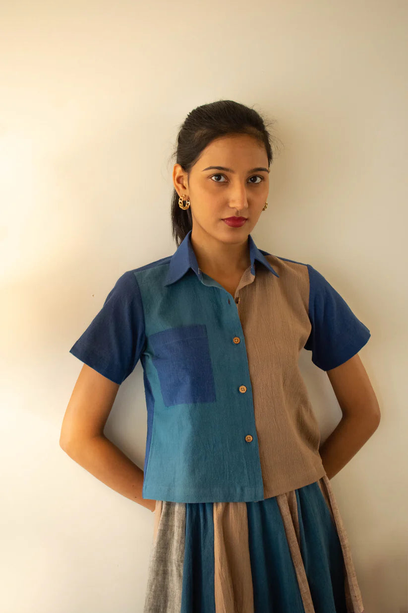 Aadya Moda Women's Kala Cotton Duo Tone Patchwork Pocket Shirt - Indigo & Coffee-- Terry Blend Velvet Blend Canvas Blend Aadya Moda Women's Kala Cotton Duo Tone Patchwork Pocket Shirt - Indigo & Coffee-- Terry Blend Velvet Blend Canvas Blend