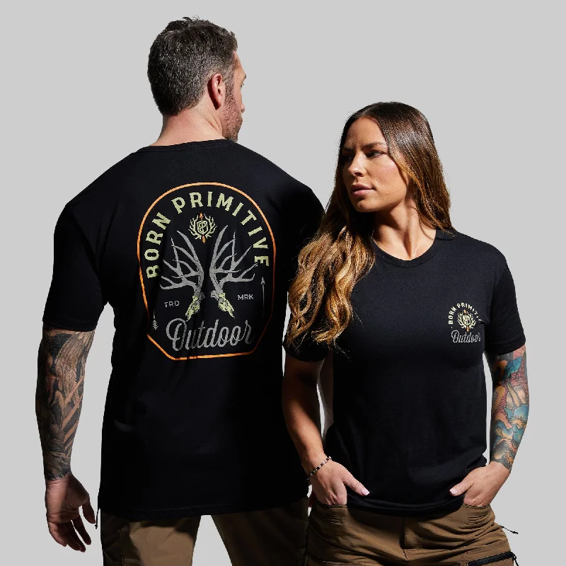 Outdoor Mule Deer Badge T-Shirt (Black)-- Chenille Brocade Lace