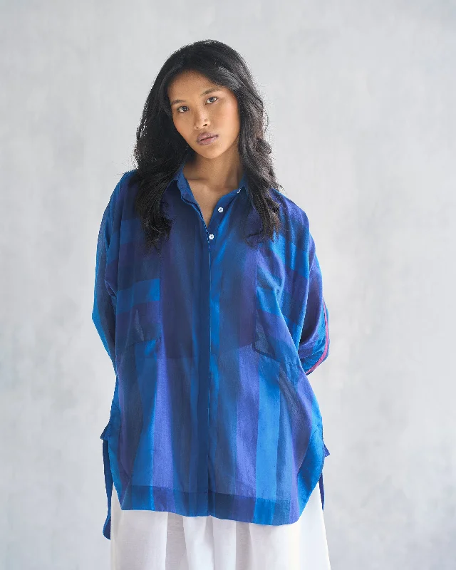 Sugato Panelled Shirt - Navy & Blue-- Collared T-Shirt Boat Neck A-Line