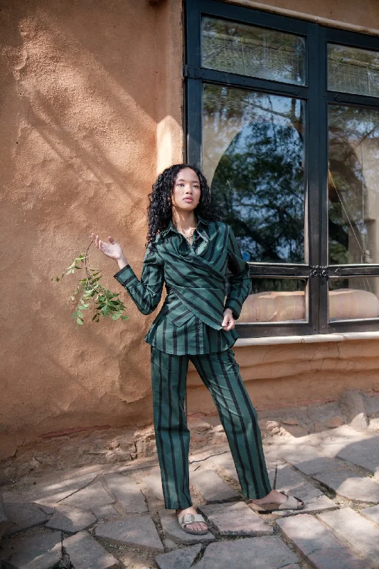 The Terra Tribe Deep Green Stripes Seattle Wrap Shirt-- Embroidered Appliqued Beaded The Terra Tribe Deep Green Stripes Seattle Wrap Shirt-- Embroidered Appliqued Beaded