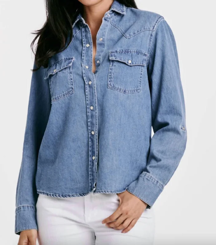 Western Chambray Denim Shirt In Blue-- Mesh Blend Leather Blend Suede Blend