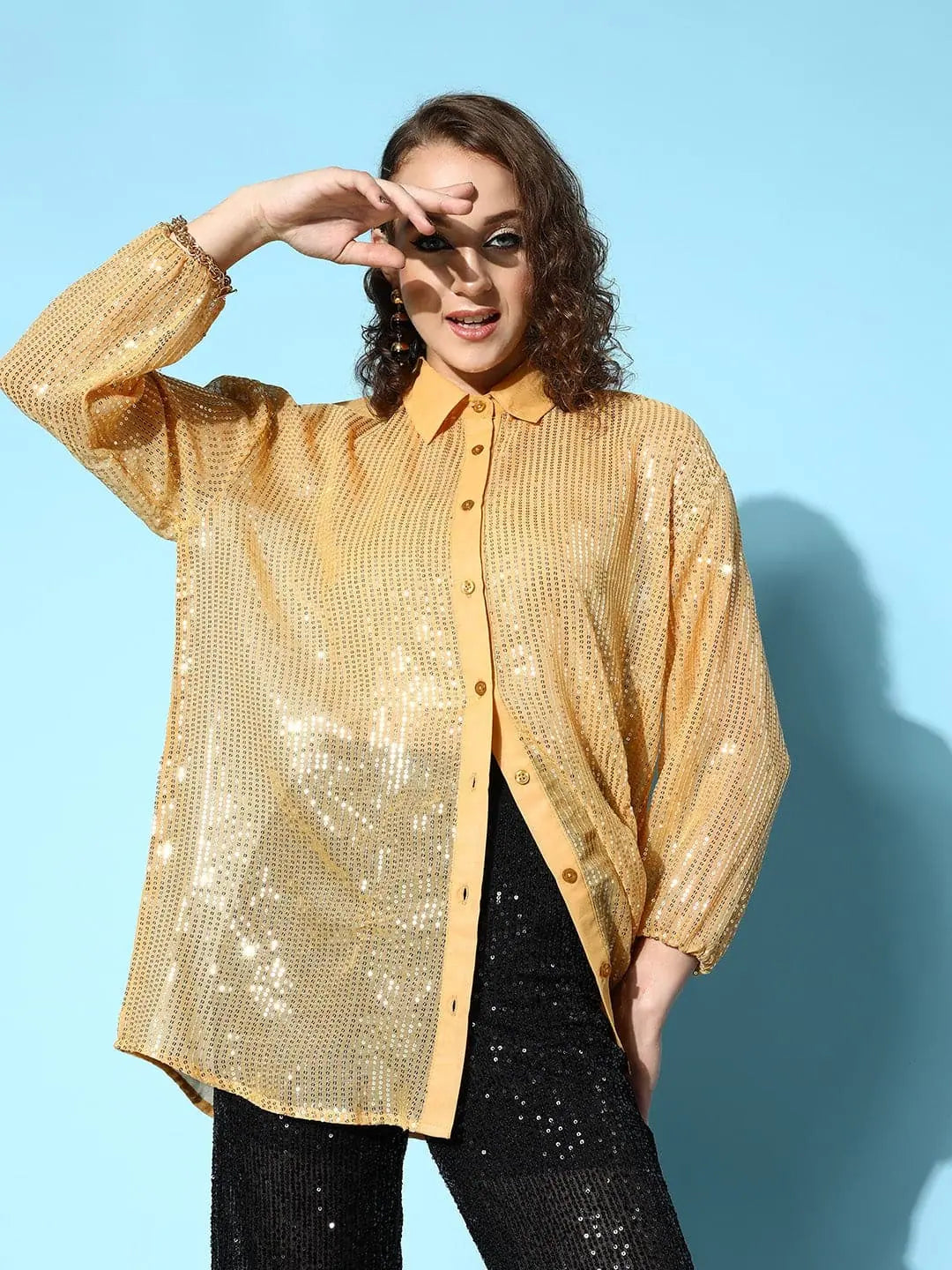 Women Gold Sequin Shirt-- Silk Blend Satin Velvet