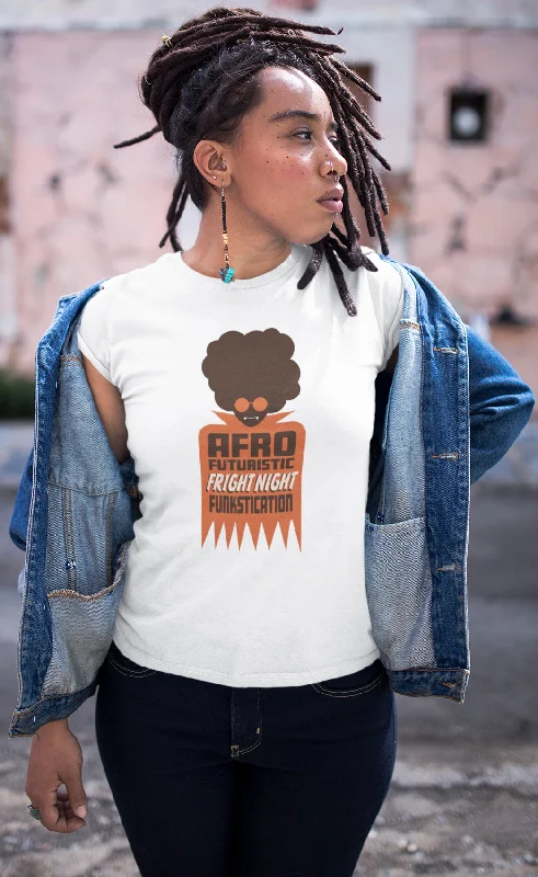 AfroFuturisticFrightNightFunkstication Women's White T-Shirt - Bat 1-- Polka Dot Checkered Tartan AfroFuturisticFrightNightFunkstication Women's White T-Shirt - Bat 1-- Polka Dot Checkered Tartan
