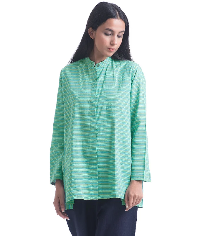 Green Woven Cotton Shirt-- Ribbed T-Shirt High Neck Heavyweight
