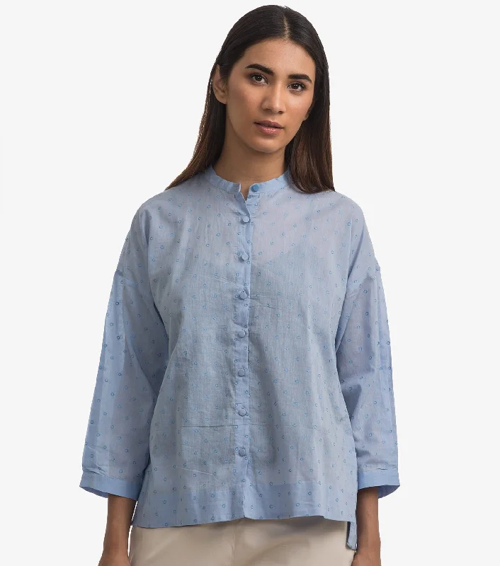 Blue cotton Shirt top-- Collared T-Shirt Boat Neck A-Line