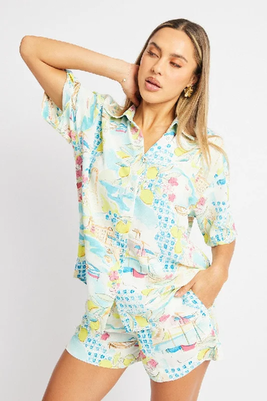 Multi Abstract Relaxed Shirt Short Sleeve-- Polka Dot Checkered Tartan