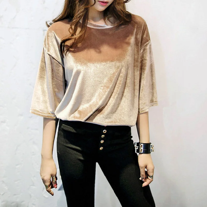 Fashion half sleeve Velvet T-shirt,College Style Pleuche T Shirt Tops-- Solid Print Embellished Fashion half sleeve Velvet T-shirt,College Style Pleuche T Shirt Tops-- Solid Print Embellished
