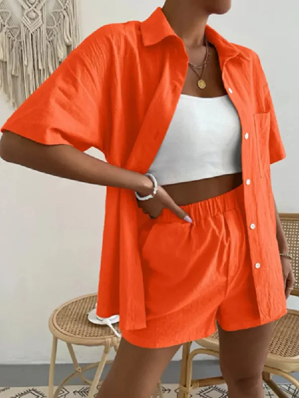 Cotton Linen Two Piece Button T-shirt Elastic Waist Shorts Set-- Handmade Hand-knitted Hand-woven