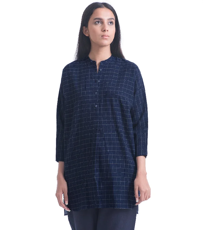 Navy Khadi Woven Shirt-- Collared T-Shirt Boat Neck A-Line