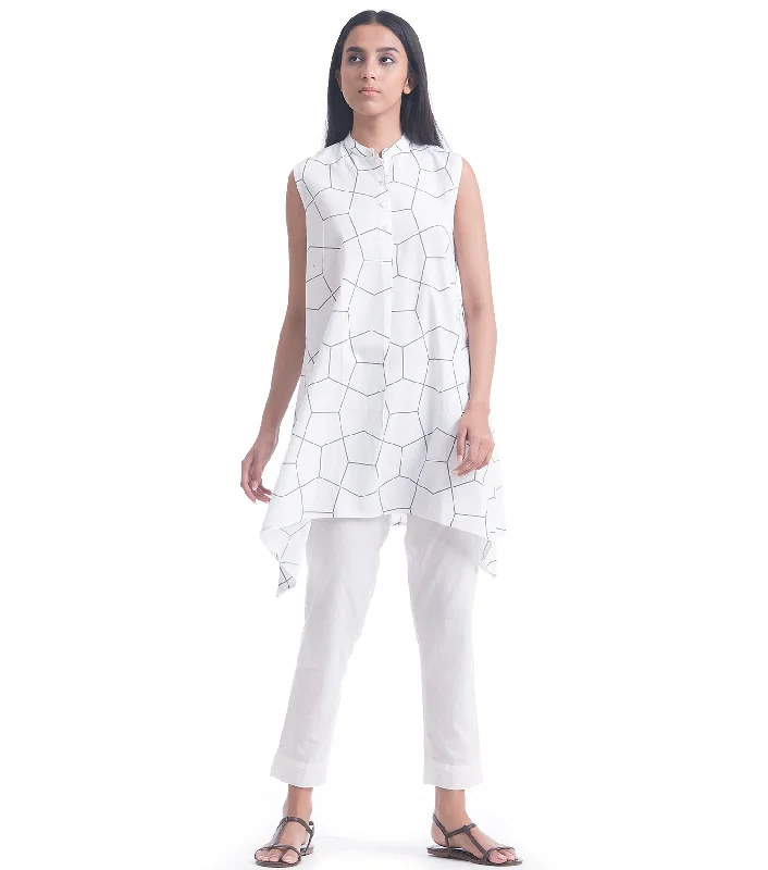 White Cotton Printed Shirt-- Thin T-Shirt Open Front Quick Dry