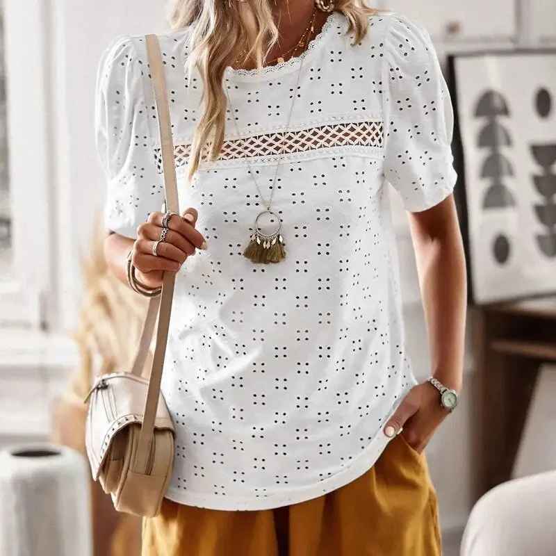 Lace Blouses Casual Hollow Out O Neck Women Shirt-- Chenille Fabric Brocade Fabric Lace Fabric Lace Blouses Casual Hollow Out O Neck Women Shirt-- Chenille Fabric Brocade Fabric Lace Fabric