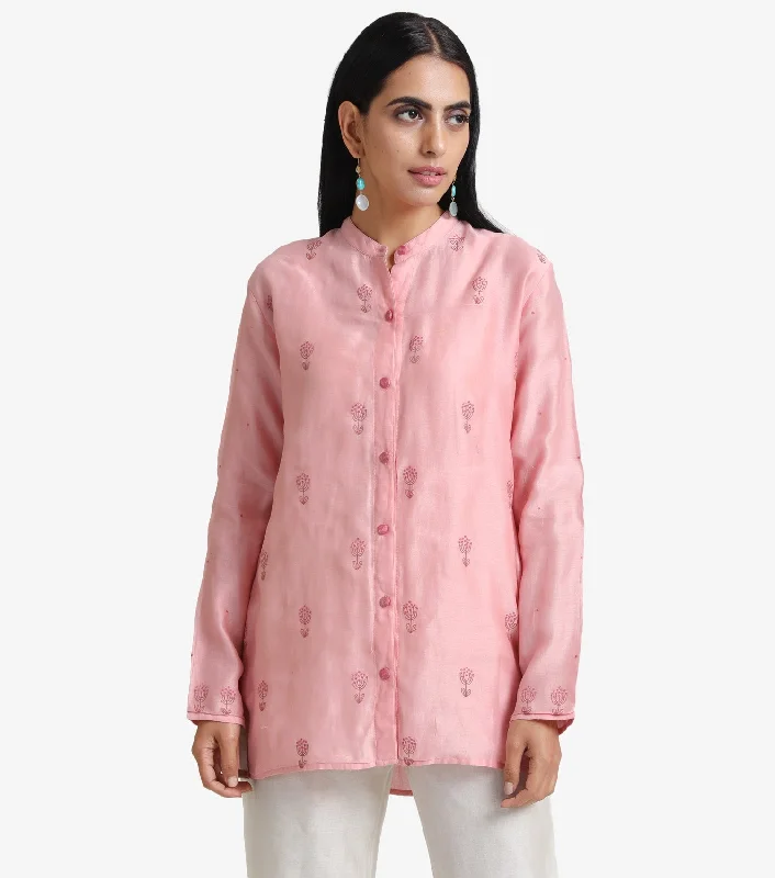 Pink embroidered chanderi shirt-- Notch Collar Peter Pan Collar Cowl Neck