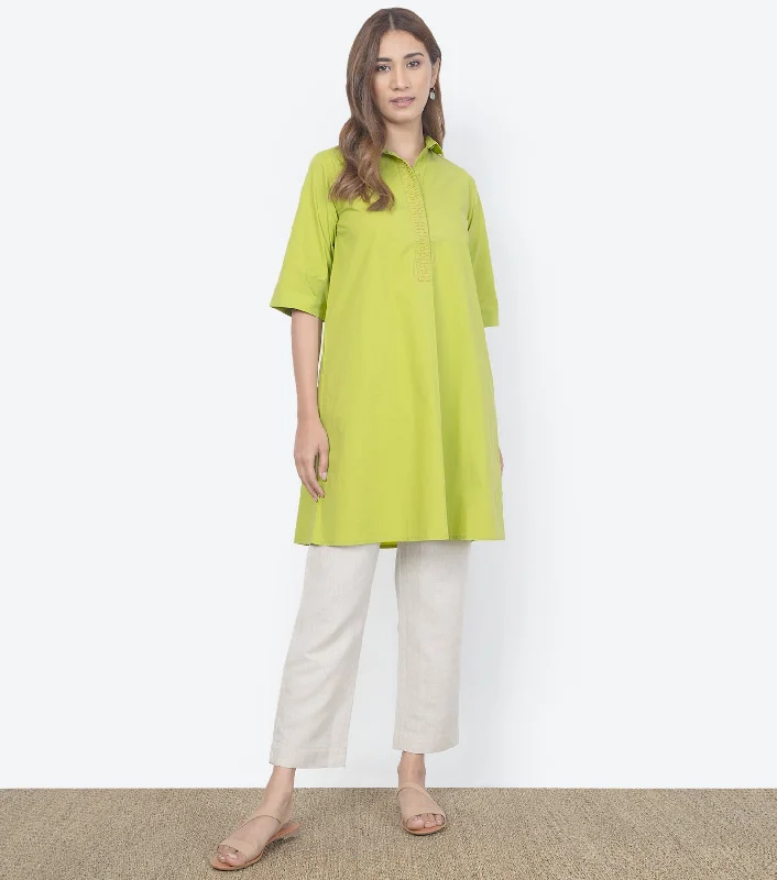 Lime Cotton Summer Shirt-- Solid Color Striped Floral
