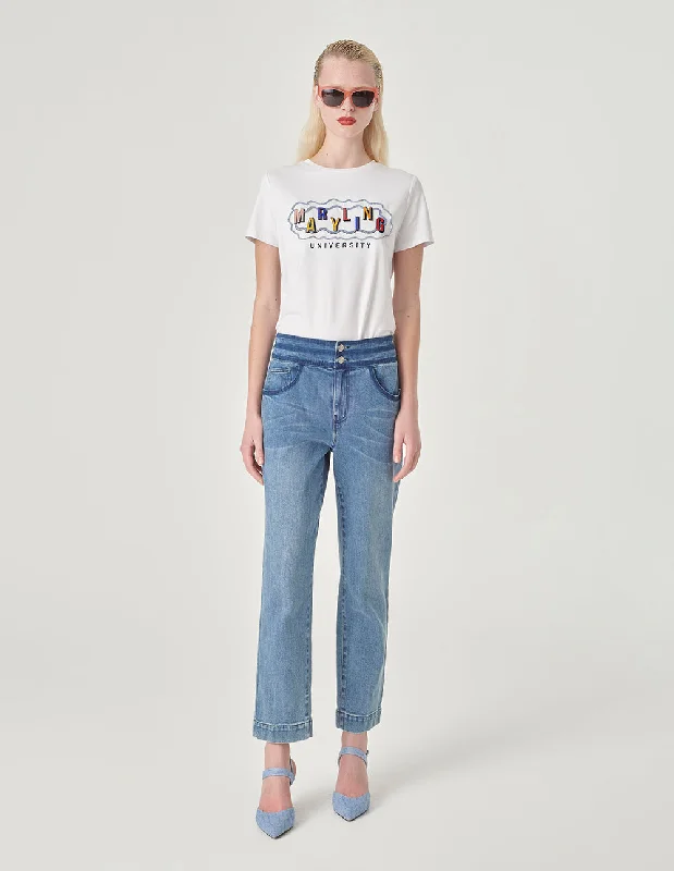 MARYLING White Embroidered T-Shirt-- Zippered Front Buttoned Front Snap Front
