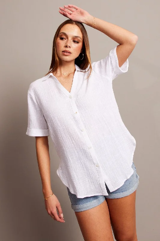 White Relaxed Shirt Short Sleeve-- Mesh Canvas Denim