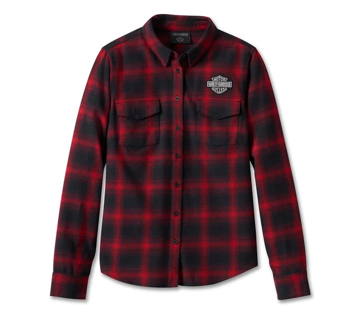 Harley-Davidson Women's Old American Retro Long Sleeve Flannel Shirt - YD Plaid - Chili Pepper-- Fitted T-Shirt Seamless Stretchy