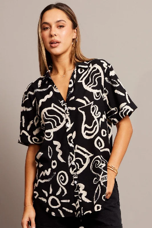 Black Abstract Relaxed Shirt Short Sleeve V-Neck-- Lace Blend Ribbed Blend Corduroy Blend Black Abstract Relaxed Shirt Short Sleeve V-Neck-- Lace Blend Ribbed Blend Corduroy Blend