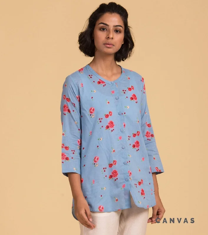 Floral printed blue cotton shirt-- Zippered Front Buttoned Front Snap Front