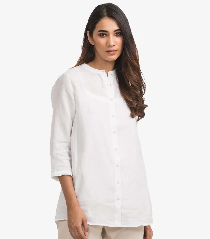 White Linen Solid Shirt-- Fitted T-Shirt Seamless Stretchy