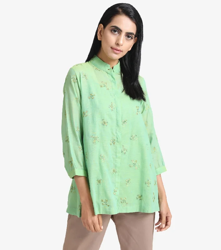 Fluorescent Green Cotton Embroidered Shirt-- Jersey Fabric Tulle Fabric Batik Fabric
