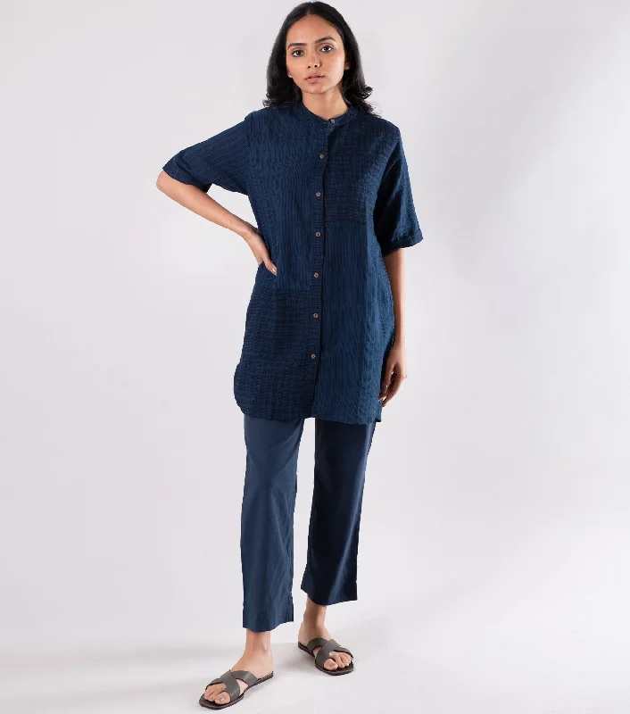 Navy Blue Khadi Printed Shirt-- Striped Floral Plaid