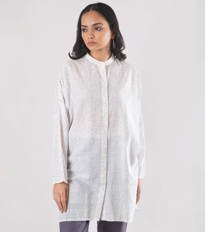 Polka Dot Printed White Cotton Shirt-- Polka Dot Checkered Tartan