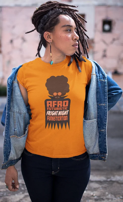AfroFuturisticFrightNightFunkstication Women's Orange T-Shirt - Bat 2-- Houndstooth Herringbone Solid AfroFuturisticFrightNightFunkstication Women's Orange T-Shirt - Bat 2-- Houndstooth Herringbone Solid