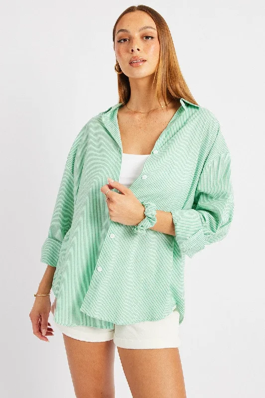 Green Stripe Relaxed Shirt Long Sleeve-- Notch Collar Peter Pan Collar Cowl Neck