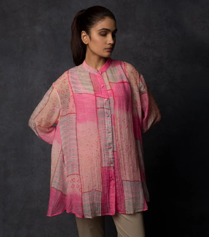 Pink multicolor printed chanderi shirt-- Polka Dot Checkered Tartan