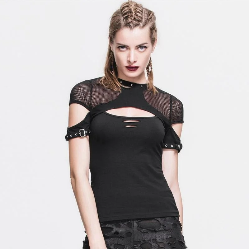 Women's Short cutaway Sleeves and Peekaboo Neck Punk T-Shirt-- Jersey Fabric Tulle Fabric Batik Fabric Women's Short cutaway Sleeves and Peekaboo Neck Punk T-Shirt-- Jersey Fabric Tulle Fabric Batik Fabric