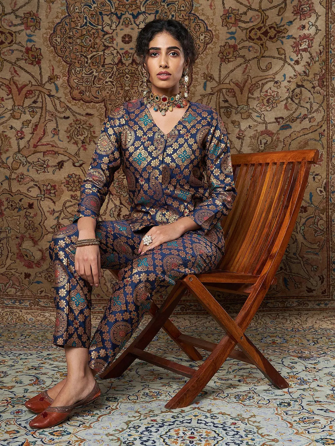 Women Navy Large Indian Motif Brocade Shirt With Pants-- Graphic T-Shirt Round Neck Polyester Women Navy Large Indian Motif Brocade Shirt With Pants-- Graphic T-Shirt Round Neck Polyester