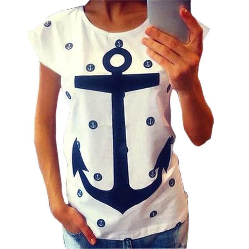 Style Women Lady Letter Print Anchor Slim Cotton Casual Shirts Tops T Shirts-- Welt Pockets Slit Pockets Flap Pockets Style Women Lady Letter Print Anchor Slim Cotton Casual Shirts Tops T Shirts-- Welt Pockets Slit Pockets Flap Pockets
