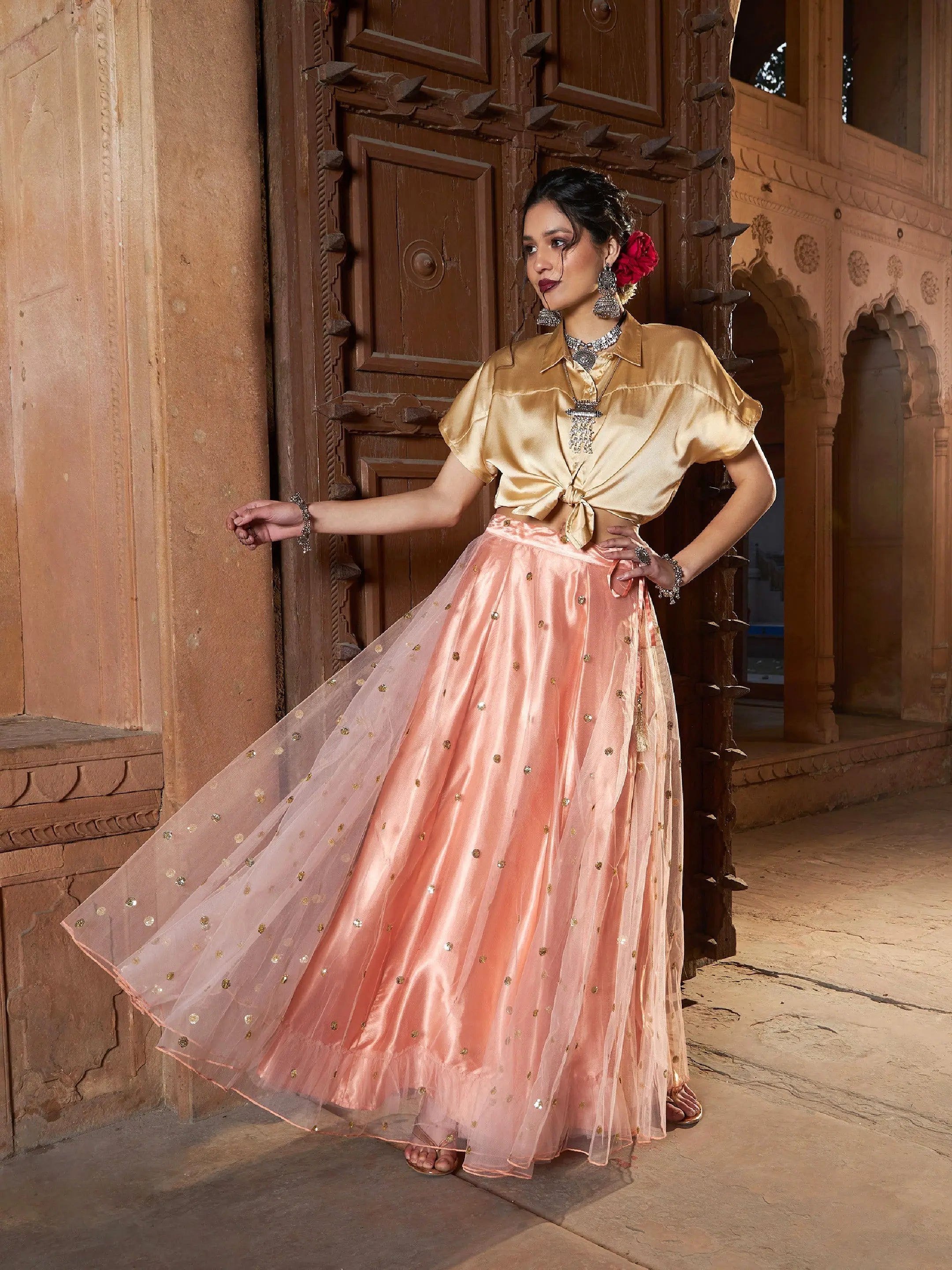 Women Gold Satin Crop Shirt With Peach Tulle Sequin Skirt-- Notch Collar Peter Pan Collar Cowl Neck Women Gold Satin Crop Shirt With Peach Tulle Sequin Skirt-- Notch Collar Peter Pan Collar Cowl Neck