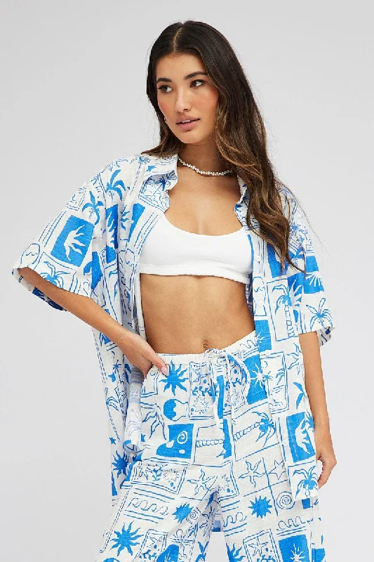 Blue Abstract Linen Shirt Short Sleeve-- Spandex Blend Rayon Blend Denim Blend