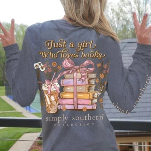 Simply Southern Just A Girl Who Loves Books Long Sleeve Shirt-- Striped Floral Plaid Simply Southern Just A Girl Who Loves Books Long Sleeve Shirt-- Striped Floral Plaid
