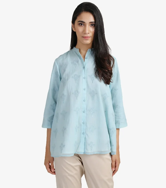 Skyblue embroidered cotton shirt-- Houndstooth Herringbone Solid