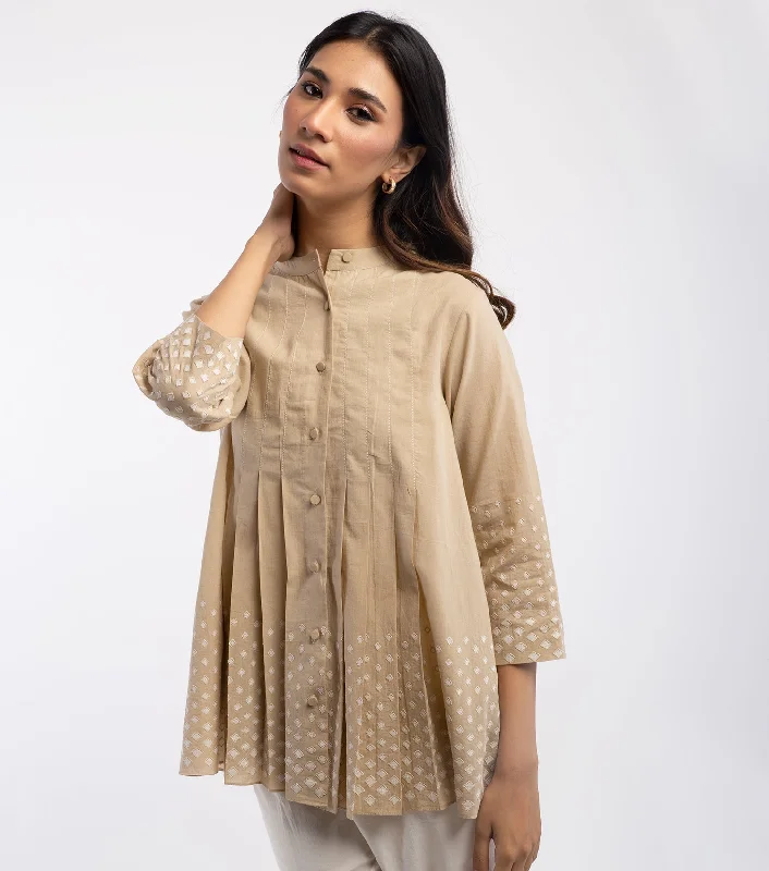 Beige Cotton Embroidered Shirt-- Graphic Embroidered Appliqued