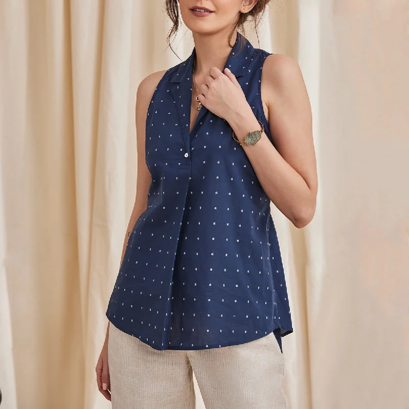 B77 JUNO Formal Fit and Flare Organic Cotton Dobby Navy Women's Shirt-- Polka Dot Checkered Tartan B77 JUNO Formal Fit and Flare Organic Cotton Dobby Navy Women's Shirt-- Polka Dot Checkered Tartan