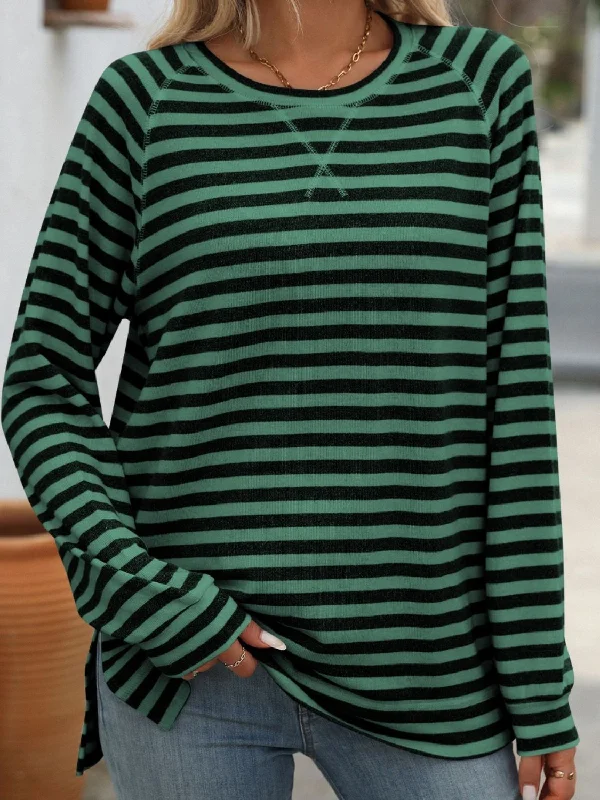 Striped Round Neck Long Sleeve T-Shirt-- Seamless Knitted Crochet